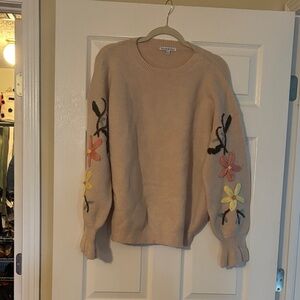 Embroidered Floral Crewneck Sweater in Cream